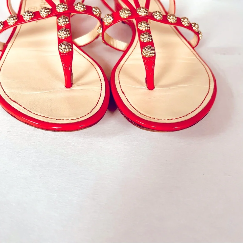 CHANEL coral red gold camellia studded flat sandals 38